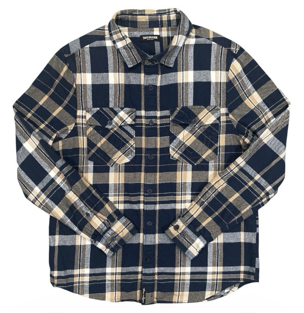 True Religion Plaid Flannel Shirt Blue Beige Button Front Men’s Medium
